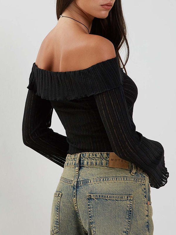 Einfarbiger, schulterfreier, langärmliger Strickpullover mit Schlitz vorne-3